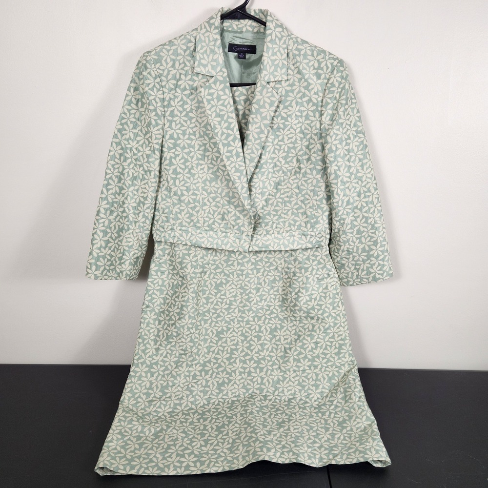 Context Silk Cotton Dress Set Sage Green Floral Blazer Jacket Suit Women 10